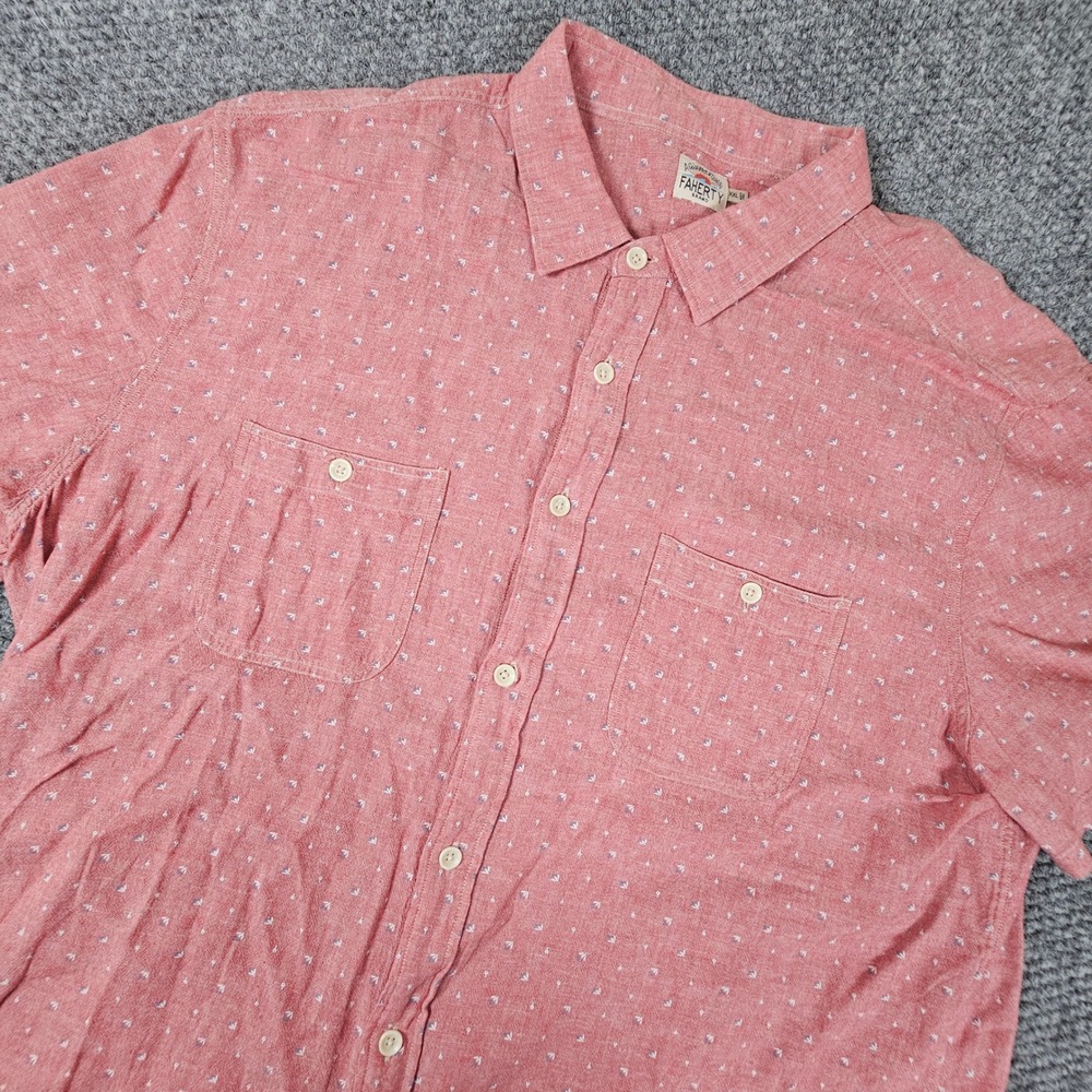 Faherty Mens XXL‎ Linen Rayon Short Sleeve Button Down Shirt Red Geometric Print